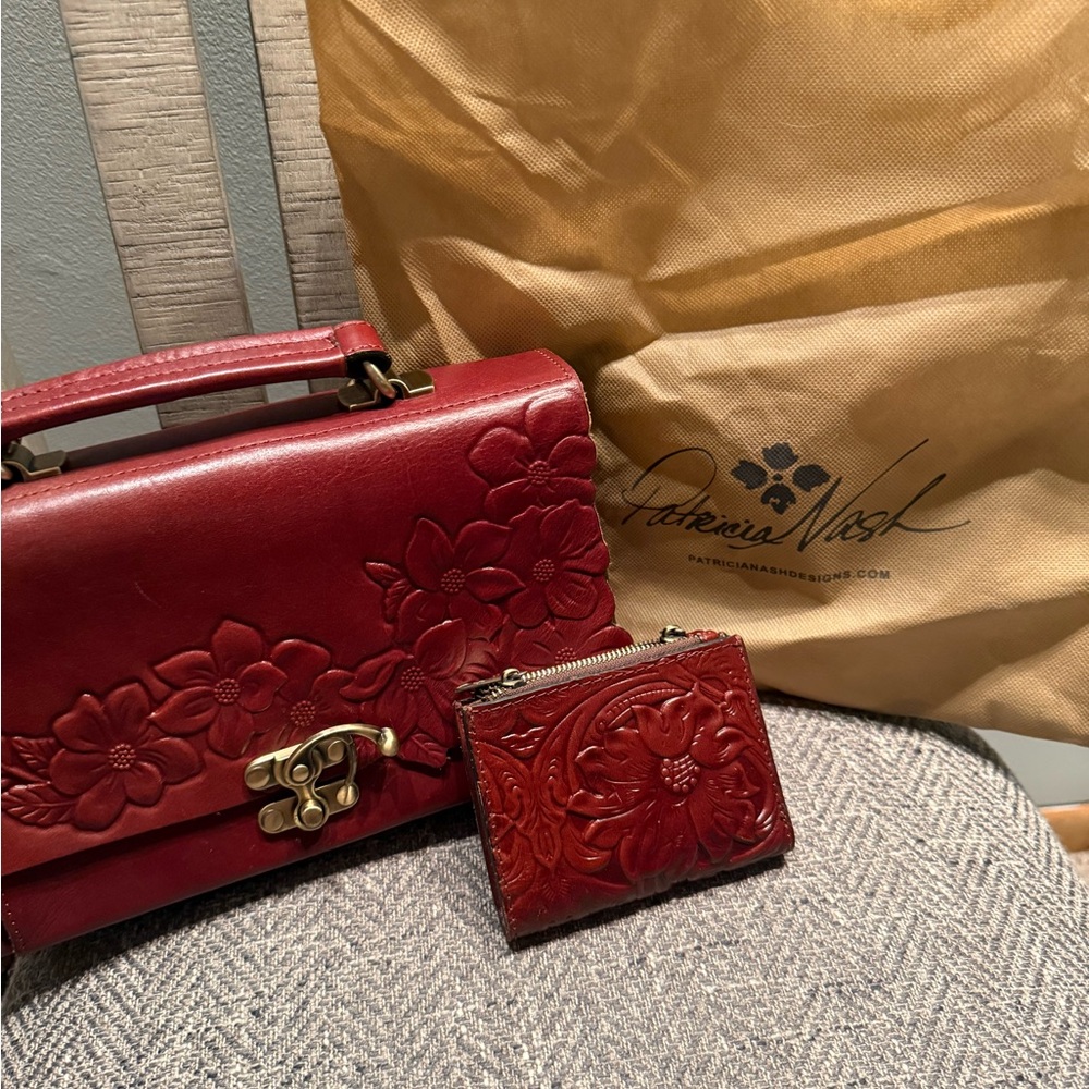 Patricia Nash Oxblood Floral Embossed Satchel with wallet